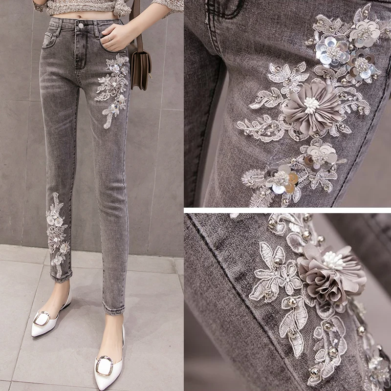 

Spring Summer Fashion Women High Waisted Sequin Flower Embroidery Skinny Jeans Pants , Womens Pencil Stretch Grey Denim Trousers