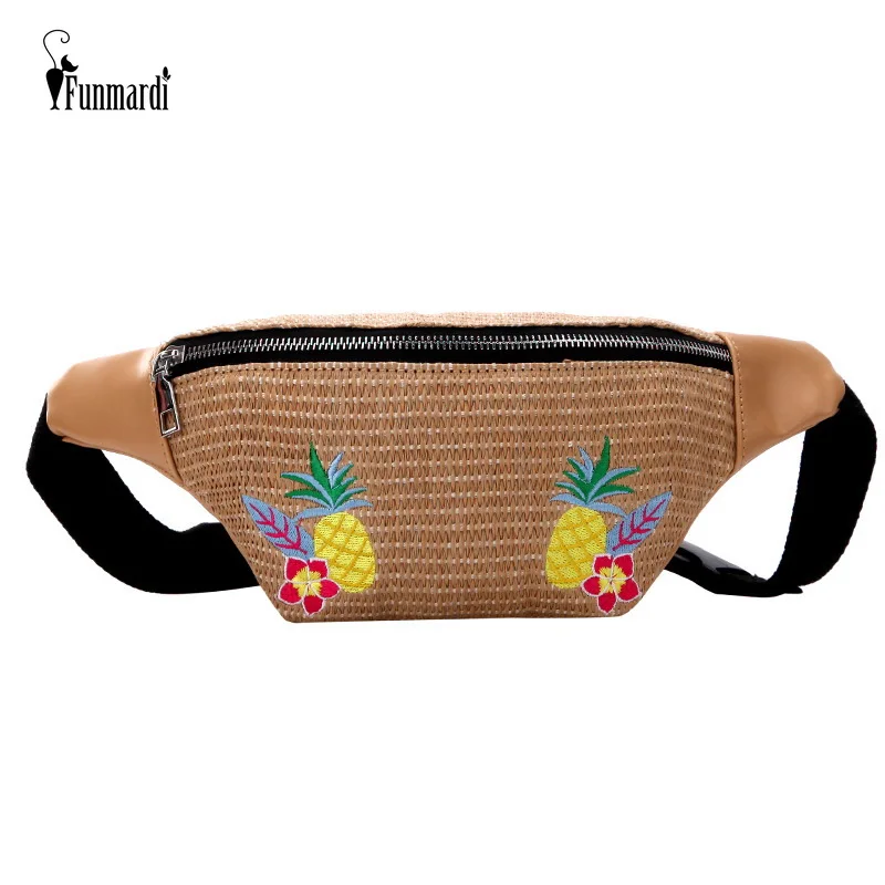 

FUNMARDI New Straw Waist Bags Women Embroidery Belt Bags PU Leather Fanny Pack Summer Beach Bags Female Casual Chest Bag WLH1904