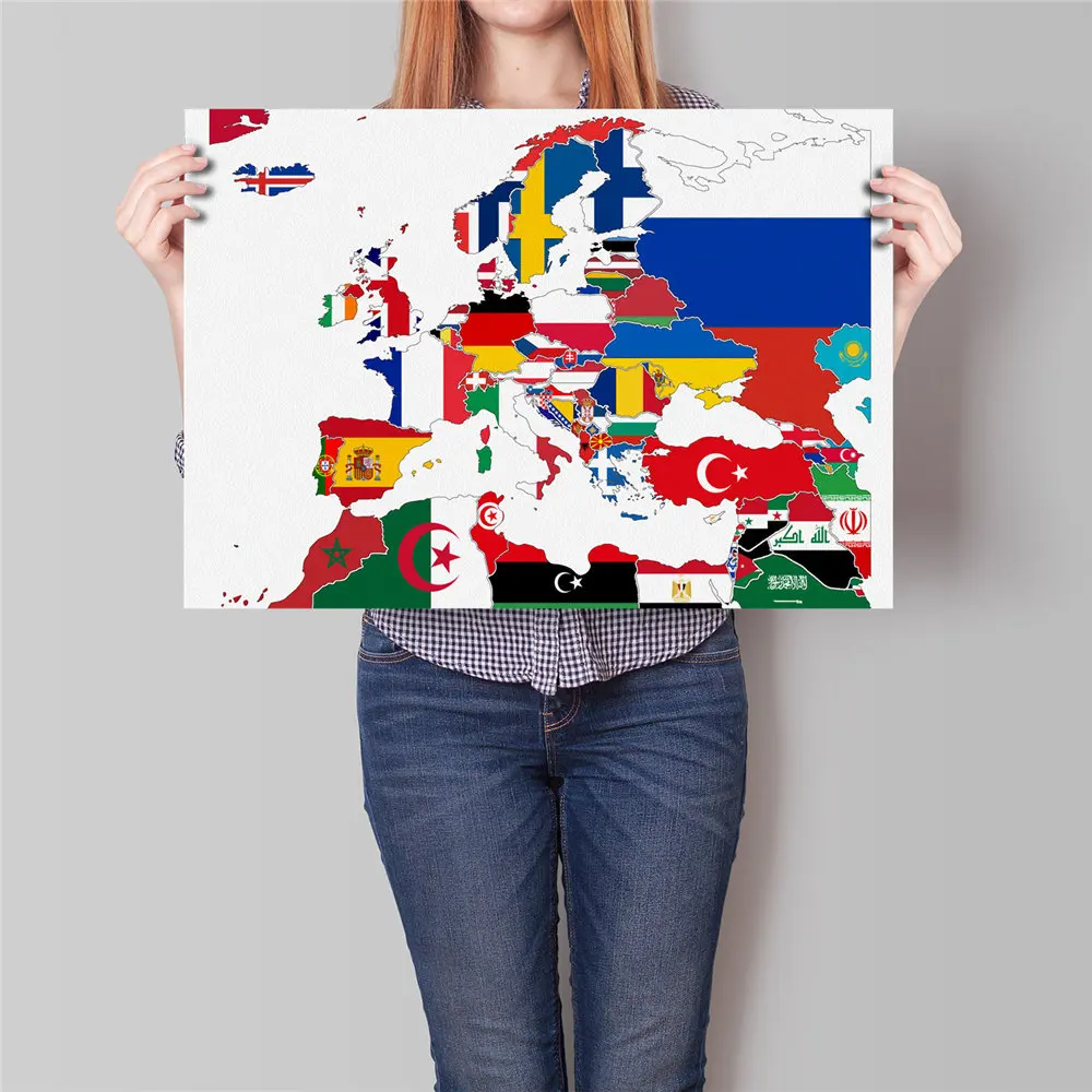 Карта мира, Европейский Флаг, знак страны, плакат, художественная живопись, винтажная крафт-бумага, плакаты, наклейка на стену, декор для гостиной, 42x30 см - Цвет: EUROPE2