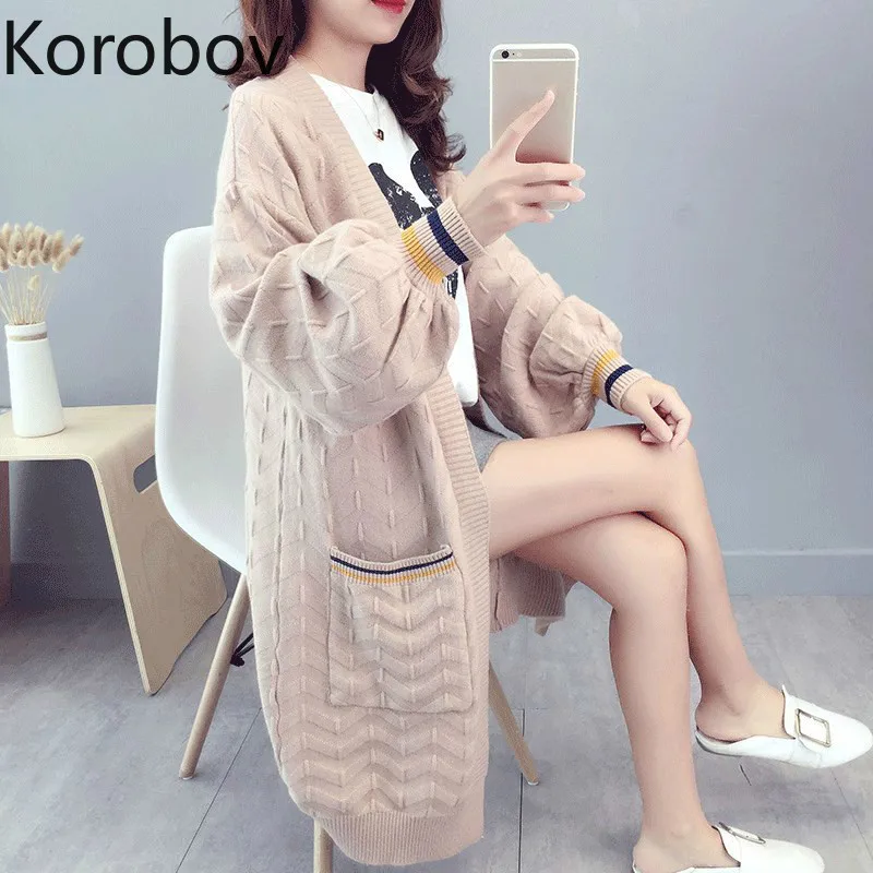 

Korobov Autumn New Women Hit Color Patchwork Sweater Women Oversize Long Sleeve Pockets Sueter Mujer Knitted Cardigan 78416