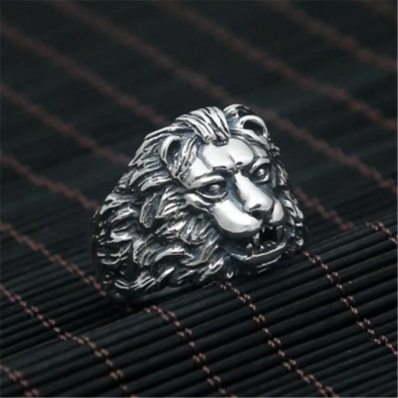 cheap BESTLYBUY Genuine 100% 925 Sterling Silver Vintage Punk Locomotive Lion king Ring For Women Men Fashion Jewelry