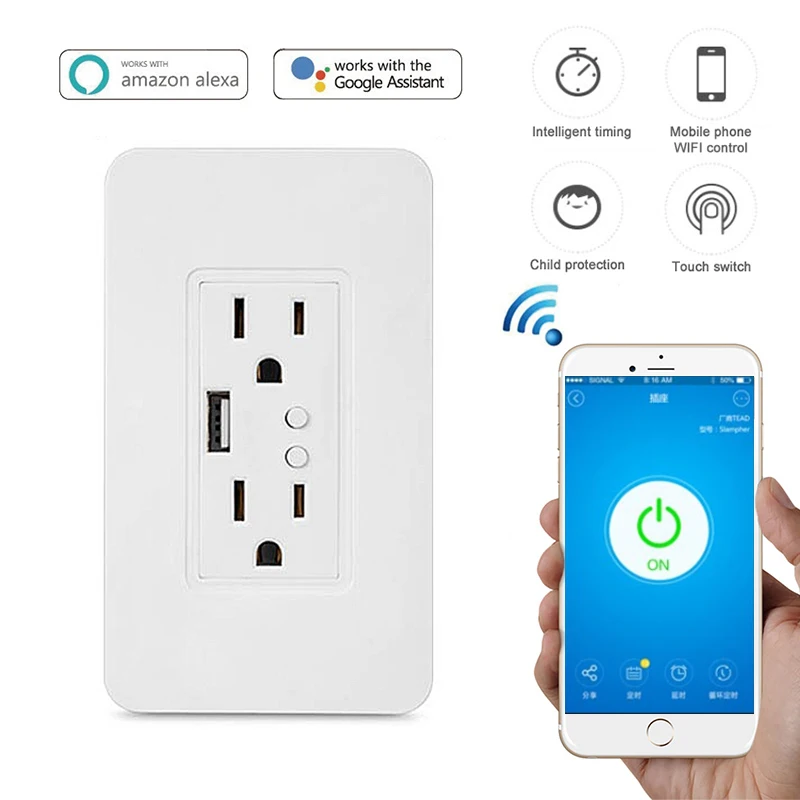 For Alexa Google Home eWelink APP remote control Smart Wall Outlet Wifi Dual USB Socket Remote Voice Control Smart Wall Socket