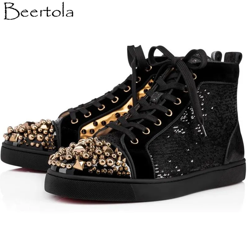 

Beertola Fashion Men Shoes High Top Head Studded Rivets Lace Up Crytsal Heavy Sole Round Toe Casual Shoes Man Luxury Brand Style