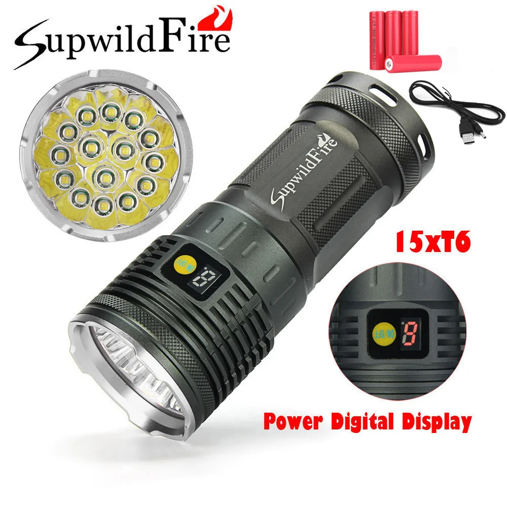 Supwildfire 18650 лм 15 x XM L T6 светодиодный мощный цифровой дисплей для охоты яркий Мощный