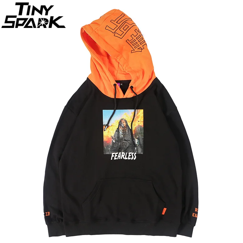 

Hip Hop Hoodie Sweatshirt Mens Streetwear Chinese Letter Fearless Patchwork Hoodies Pullover Cotton Autumn 2018 Urban Clothing