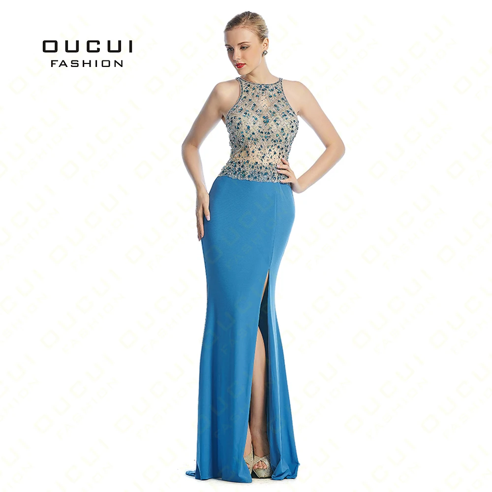 Real Photos Long Elegant Prom Dresses Jersey Fabric withe Tulle Beading