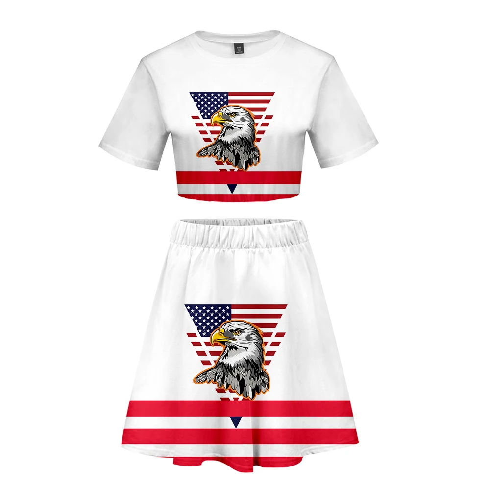 Костюм с короткой юбкой на День независимости; Лидер продаж; 2 футболки с короткими рукавами и платье; костюм из двух предметов;