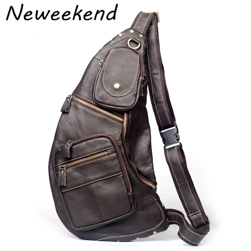 NEWEEKEND Casual Genuine font b Leather b font Cowhide Multi Pocket Small Chest Single Shoulder Phone
