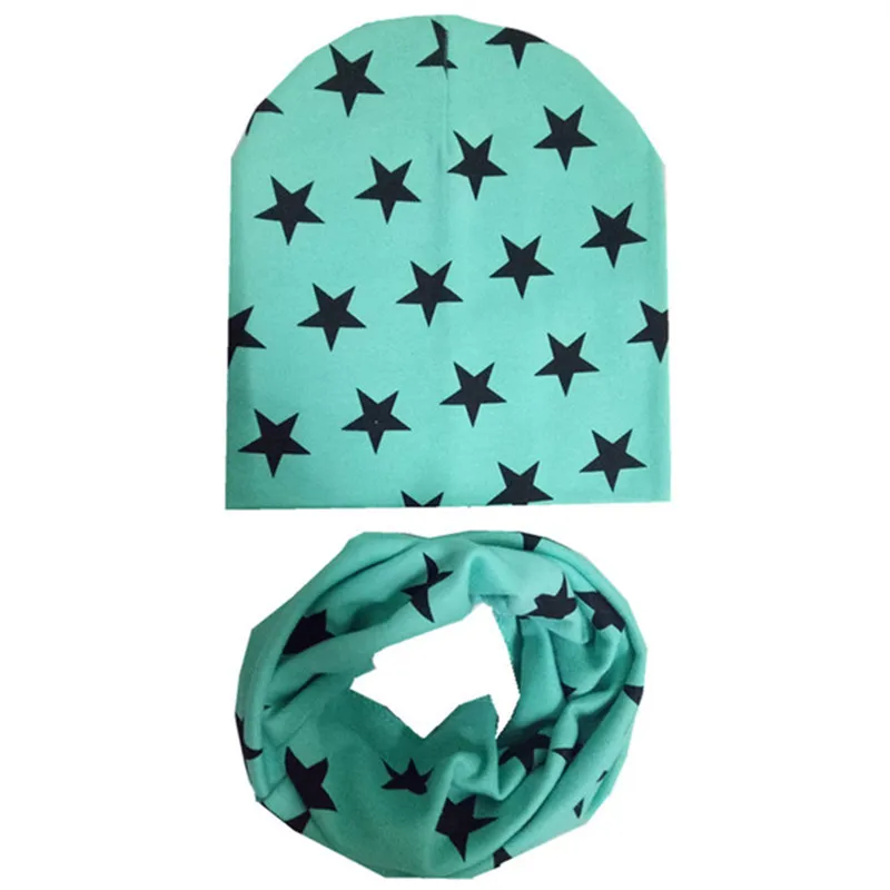light blue stars Г. Весенний Детский комплект с шапкой, осенне-зимний шарф с воротником для мальчиков и девочек, теплый шейный платок, детские вязаные шапки, комплекты хлопковая детская шапка, шарф - Цвет: light blue stars