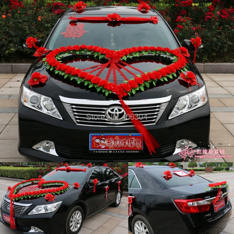 Free shipping by EMS,new style,wedding car flower decoration set, red