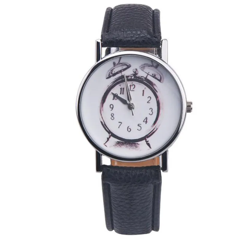 Fashion Women Leather Alarm clock printing Analog Quartz Vogue Wrist Watch Casual Watch Clock Montre Femme #2AP26 (4)