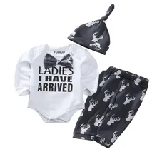 Newborn Infant Baby Girl Boy Ladies I Have Arrived Letter Tie Romper+Cartoon Deer Long Pants+Hat 3pcs Outfits Baby Set Clothes