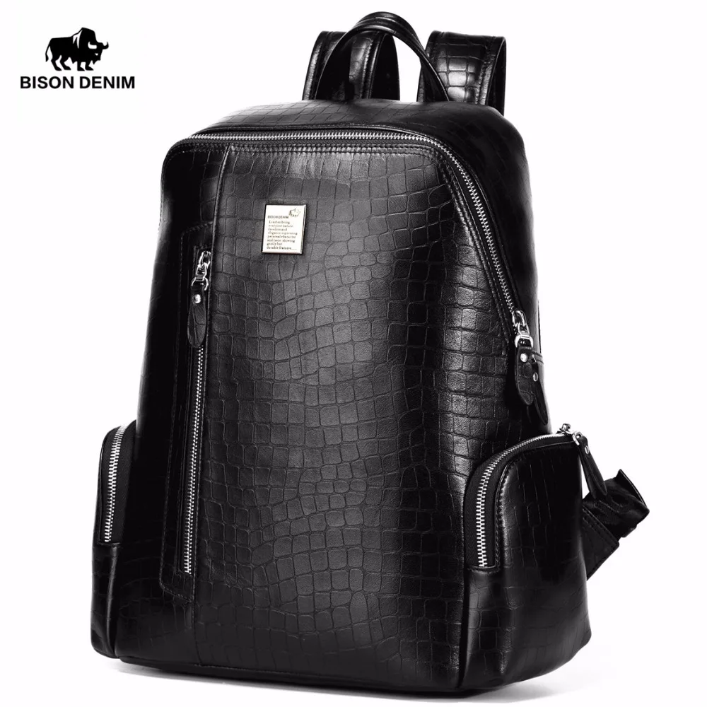BISON DENIM Genuine Leather 14" Laptop Backpacks School Backpack Male