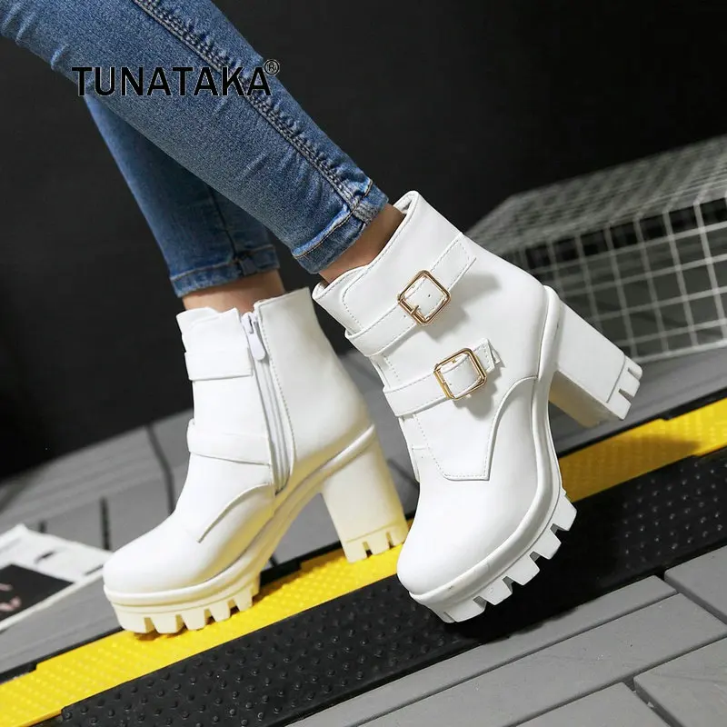 

Women Platform Square High Heel Ankle Boots Fashion Side Zipper Round Toe Shoes Woman Black White