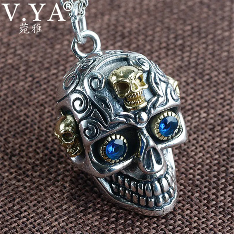 

V.YA Retro 925 Sterling Silver Skull Pendant Necklace for Men Women Cool Cowboy Thai Silver Pendants & Necklaces Fashion Jewelry