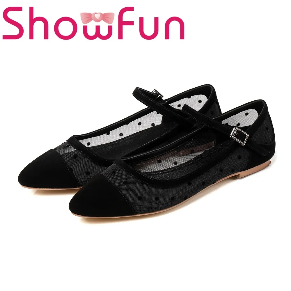 Showfun genuine leather shoes woman casual pointed toe polka dot buckle