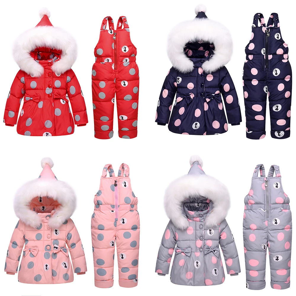 

Baby Winter Overalls Snowsuit for Girls Duck Down Bowknot Polka Dot Hoodies Jacket and Jumpsuit Set Baby Winter Clothes Overalls
