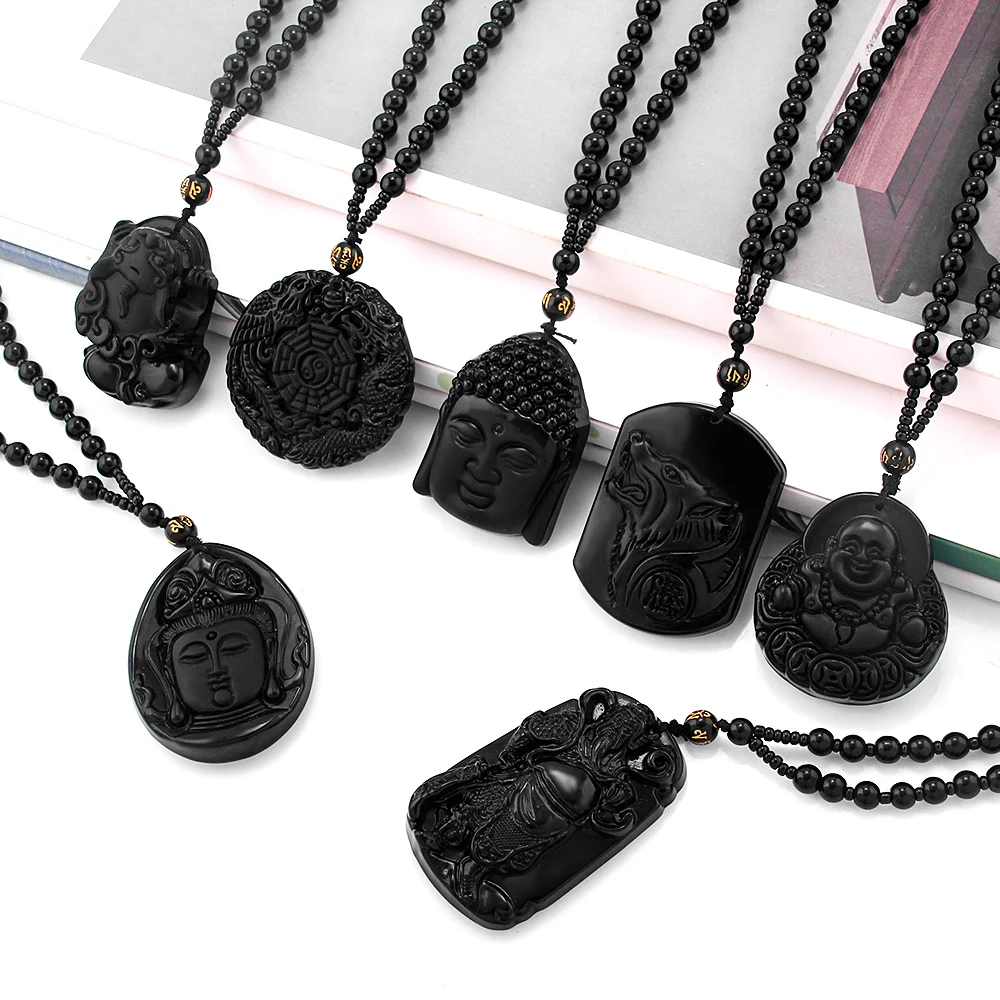

New Trendy Obsidian Maitreya Buddha Gossip Guan Yu Kylin Guanyin Lion Pendant Necklace For Men Women Rope Chain Sweater Necklace