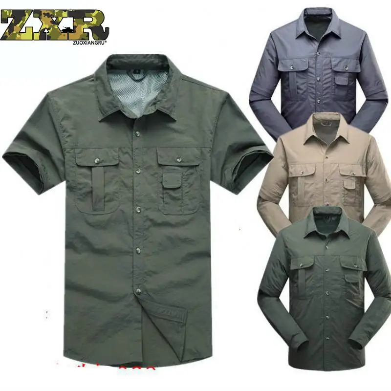 comprar De Secagem rápida Ao Ar Livre Homens descarga Camisas Táticos Respirável Removível Roupas Militares Camisa Da Pesca Trekking Caminhadas Roupas