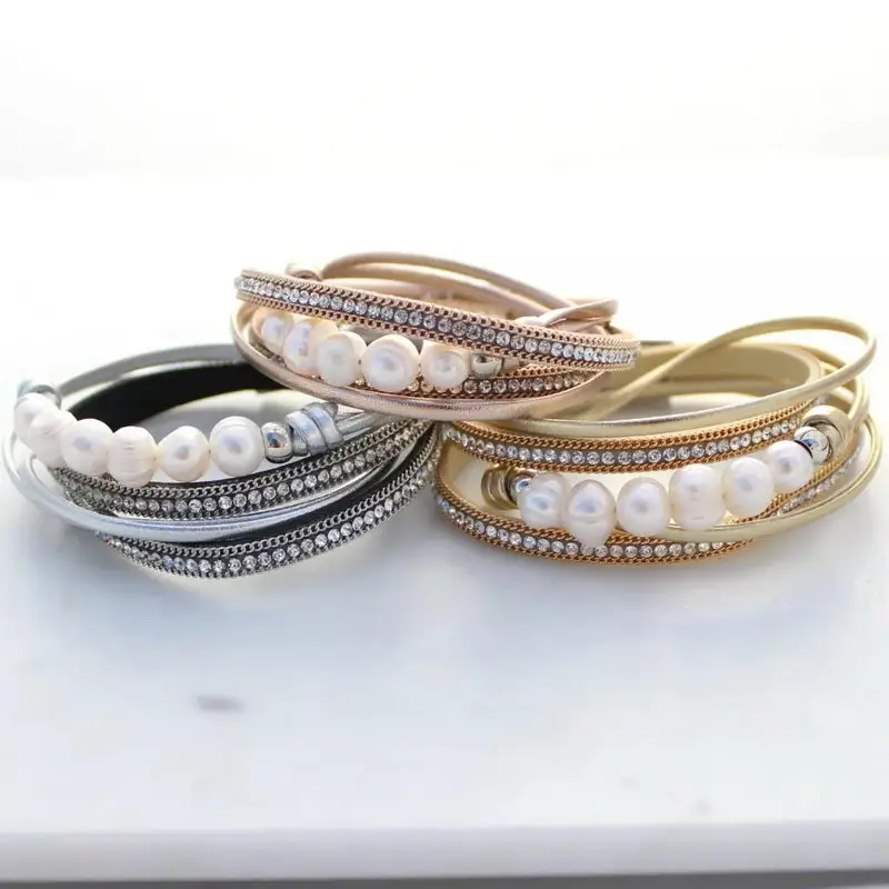 

2019 New Magnet Clasp Faux Baroque Pearl PU Leather Wrap Bracelets Bangles for Women Fashion Multi Layered Rhinestone Bracelet