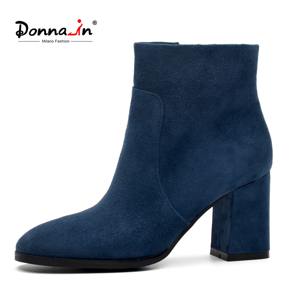 DONNA-IN Genuine Leather Women Boots Natural Suede Leather Ankle Boots for Women Fashion Square Toe Thick High Heel Ladies Shoes