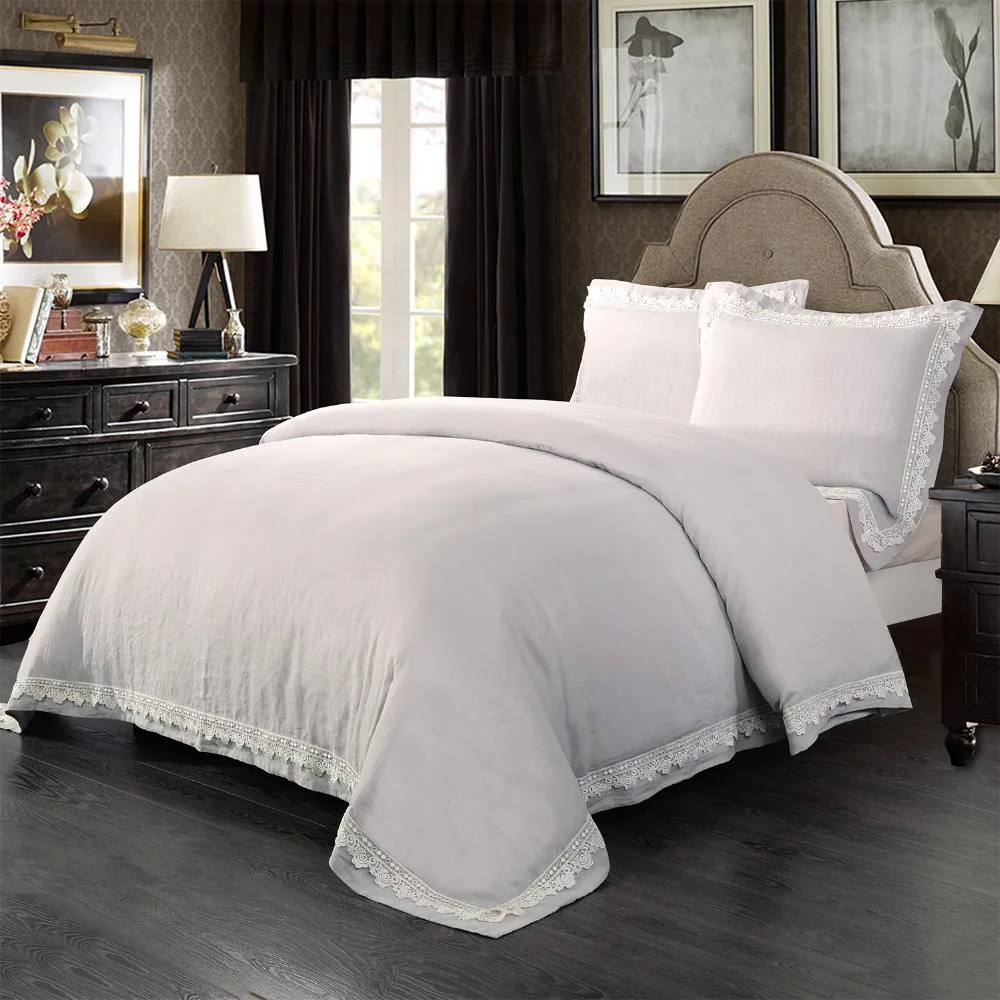 Washed 100 linen Luxury bedding set with lace border including 1 duvet