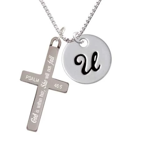 Large Script Letter - U - 3/4'' Disc - - She will not Fall - Cross Necklace (1)