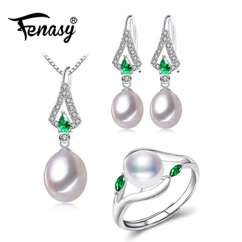 

FENASY Pearl Jewelry Sets Natural Pearl Necklaces For Women Party Design Emerald Drop Earrings Green Stones Ring Set