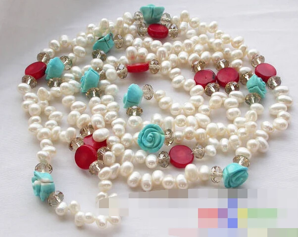 

3168 white PEARL red coral blue turquoise crystal NECKLACE