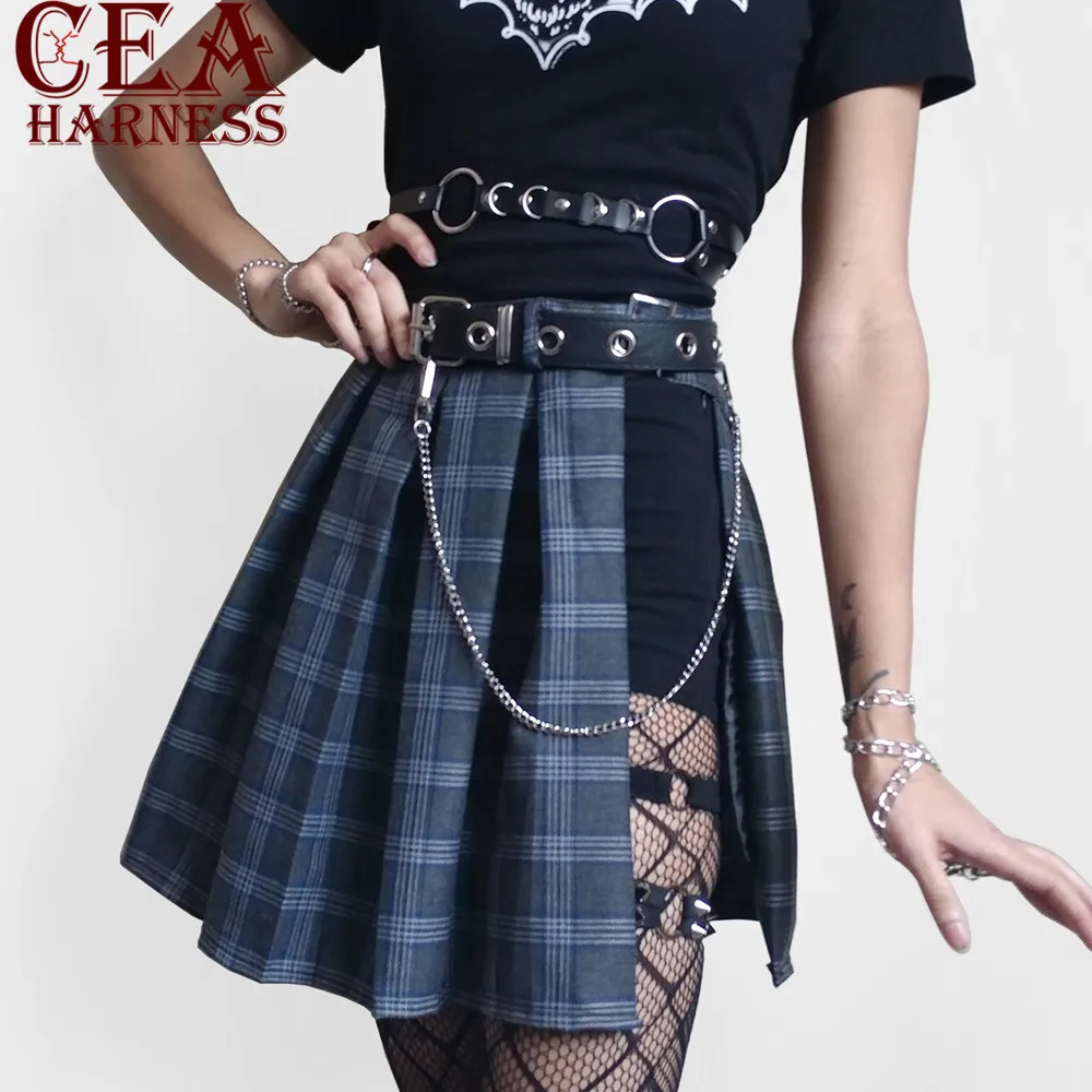 

CEA.HARNESS Leather Harness Underwear 2 Piece Set Garter Belts Sexy Women Waist To Leg Bondage Cage Straps With Chain Body Belts