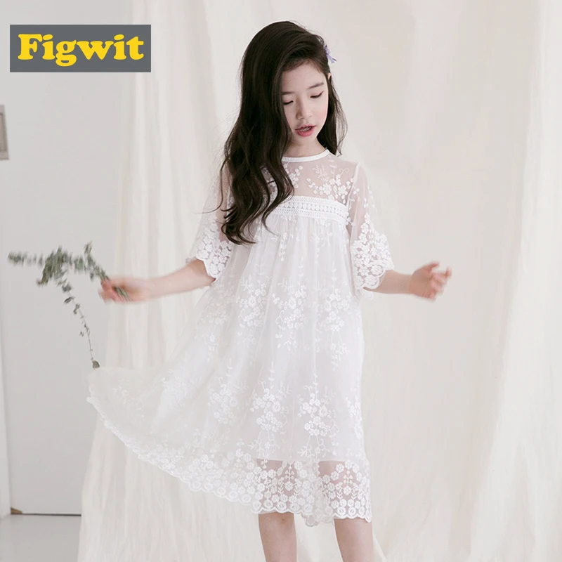 Figwit Teen Girls Lace Dress White Mesh Spring Autumn Flower Summer Kids Teenage Children Clothing for Age 4 6 10 13 Years | Детская