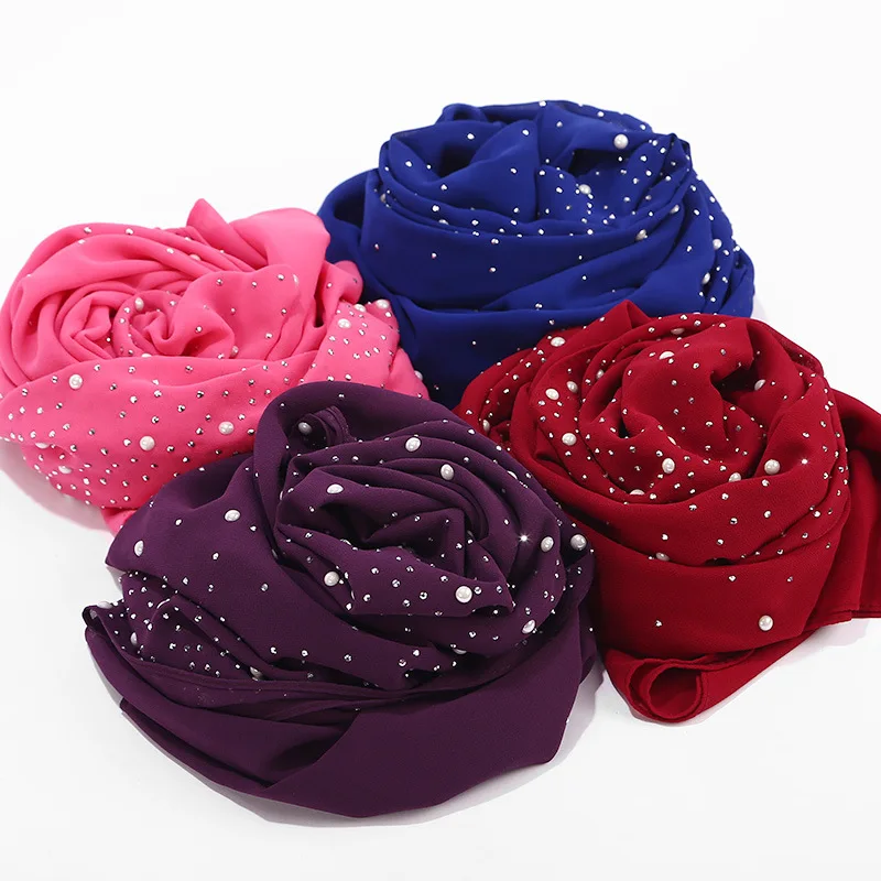 Тюрбан Для женщин пузыри шифоновый шарф с заклепки-ромбы шарф с жемчугом обычный Хиджаб Платки Обертывания сплошной цвет мусульманский хиджаба шарф