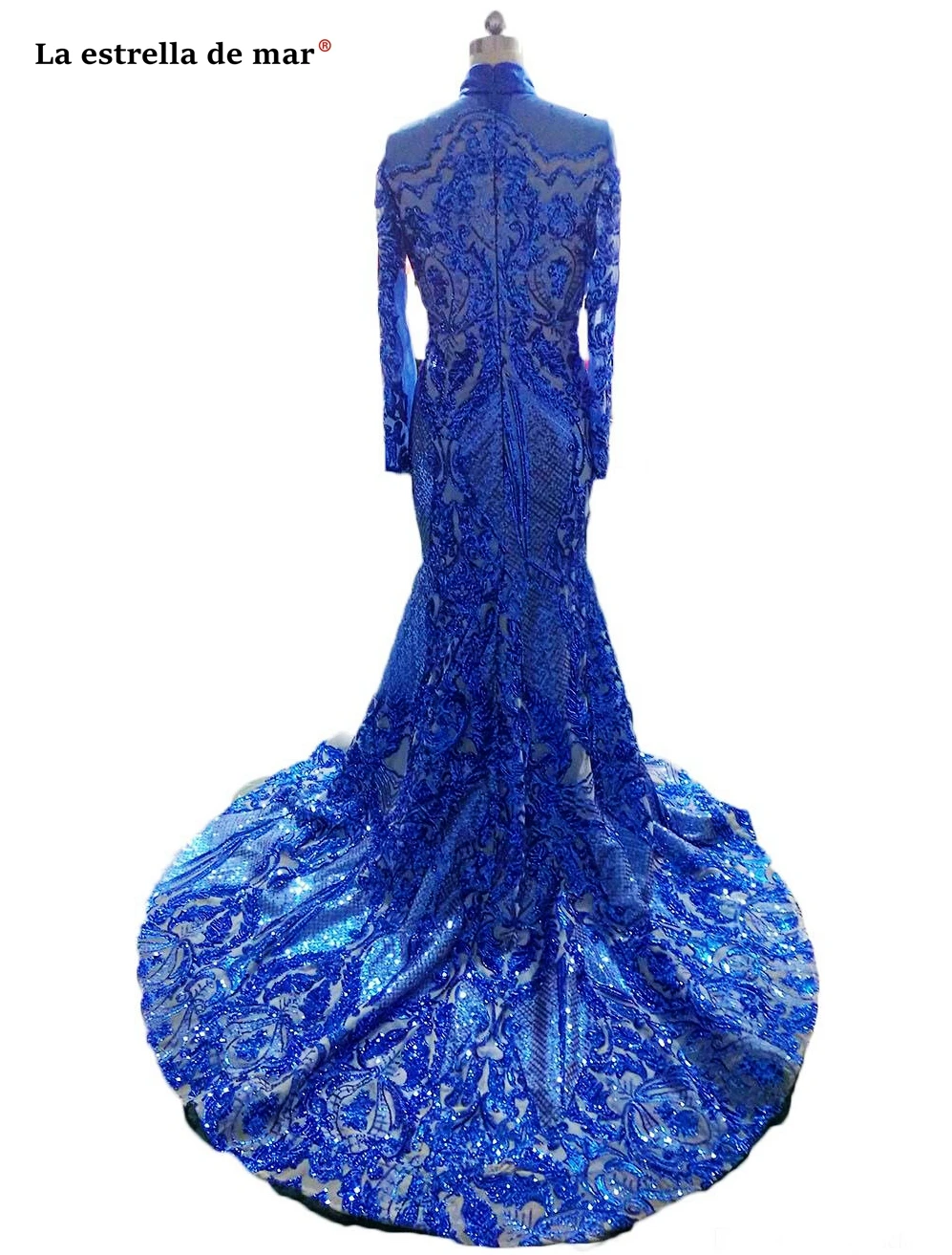 Элегантный в мусульманском стиле с длинным рукавом Золотой платье с юбкой годе Королевского синего цвета Вечерние платья 2019 пайетки Bling