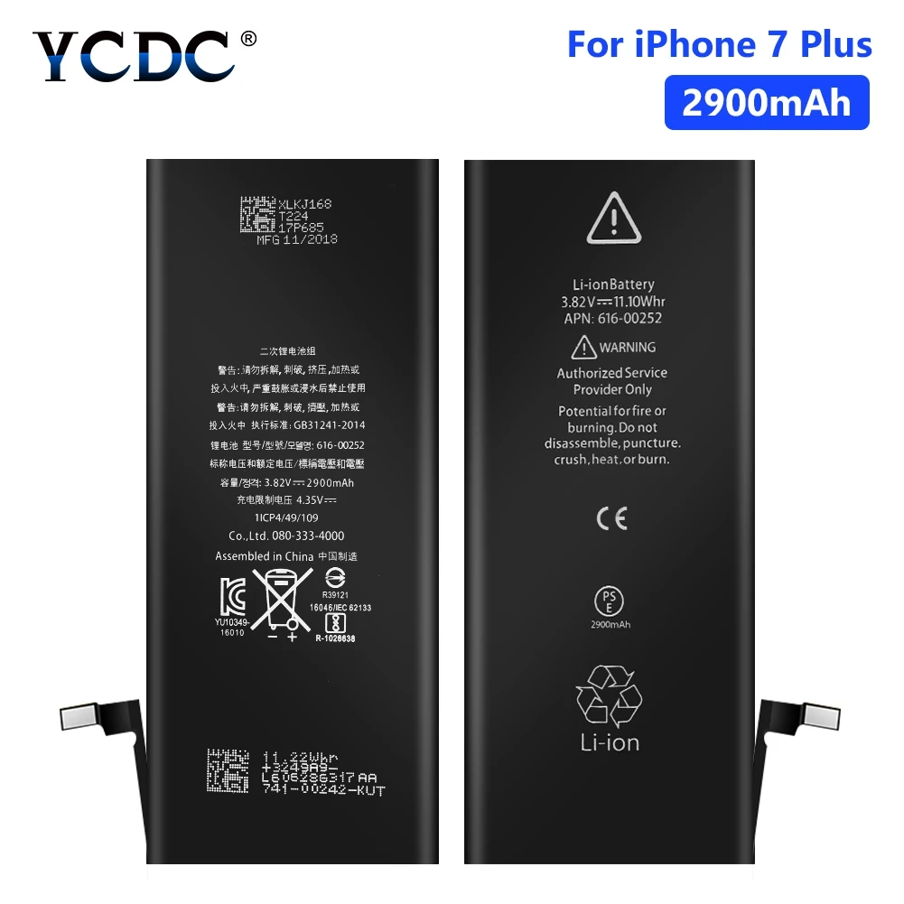 

YCDC Rechargeable Lithium Phone Battery For Phone Bateria Real capacity 3.82V 2900mAh iPhone 7 Plus 7Plus Batteries Free Tools