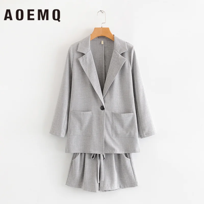 AQEMQ, модные летние женские комплекты, отложной воротник, для официальных вечеринок, Женские топы и шорты, комплекты с карманом, решетчатый принт, женская одежда