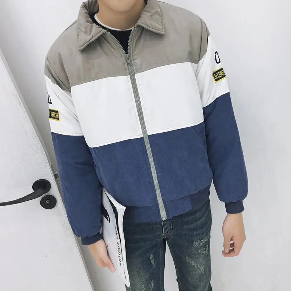 

2016 New Arrival Fashion Autumn Winter Men Casual Warm Thicken Trun Down Collar Patchwork Patch Design Zipper Parka Blue/Purple