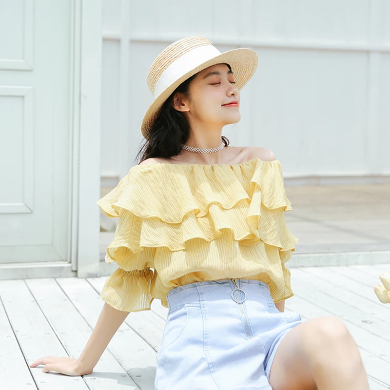 New striped vintage chiffon shirt summer fashion ruffle