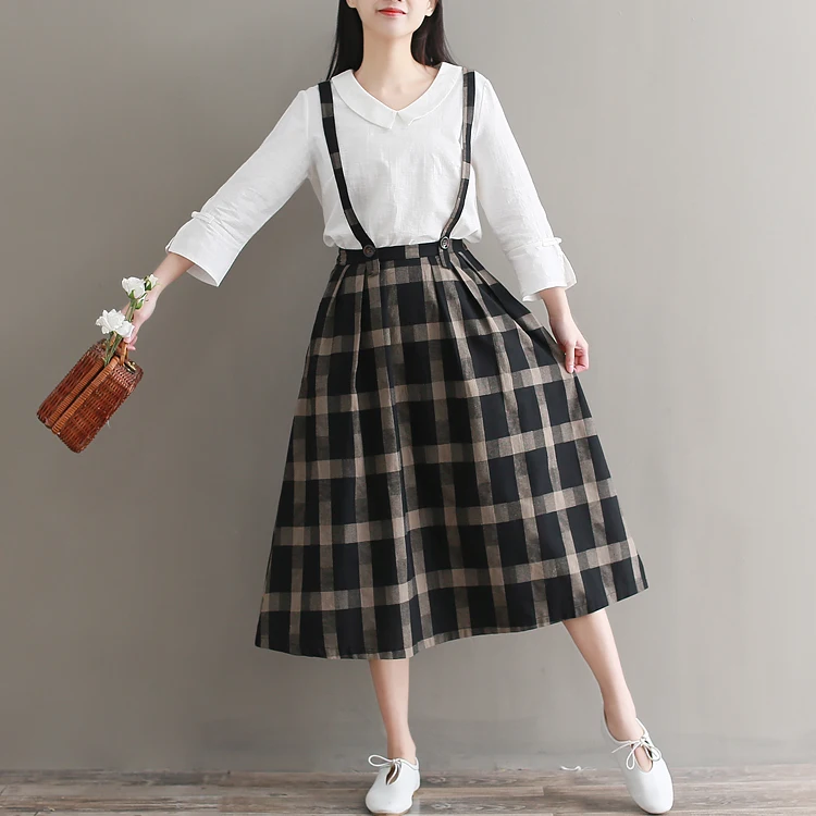 Vintage Women Plaid Spaghetti Strap Skirts Autumn New Style High Waist