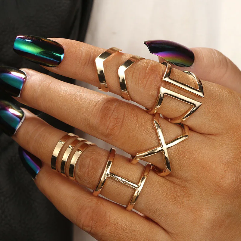 

5 Pcs/ Set V Chevron Rings Gold Geometrical Irregular Knuckle Ring For Women Jewelry Anillos Mujer Aneis Bijoux Femme Anelli
