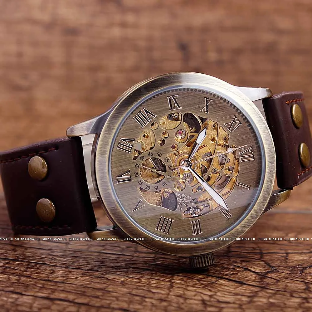 أعلى ماركة الساعات الميكانيكية الذكور الأزياء الرجعية البرونزية الهيكل العظمي التلقائية الميكانيكية ووتش جلدية ساعة اليد reloj هومبر