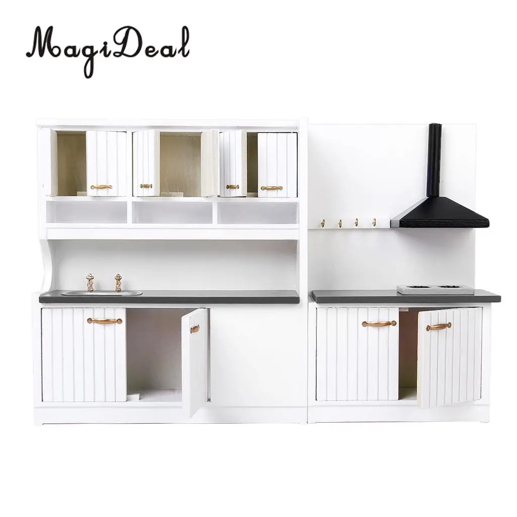 Modern Kitchen Set Wooden Furniture Model Kit for 1:12 Dollhouse Miniature Decoration