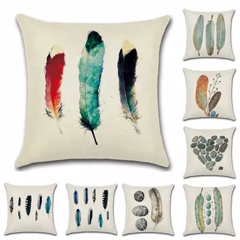 

Feather and Stone Patterns Artistic Linen Cotton Pillow Case Home Decor Cushion Cover without Inner