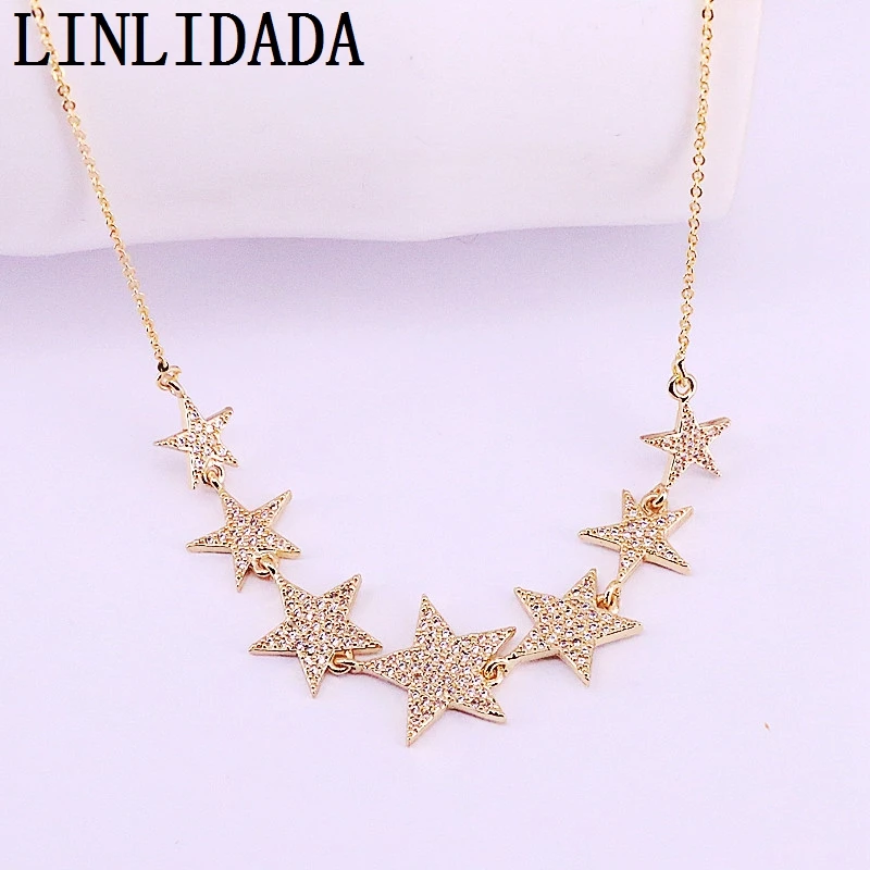

5Pcs Beautiful Gold Color Pave Cubic Zirconia Star Charm Pendant Necklace Women Jewelry