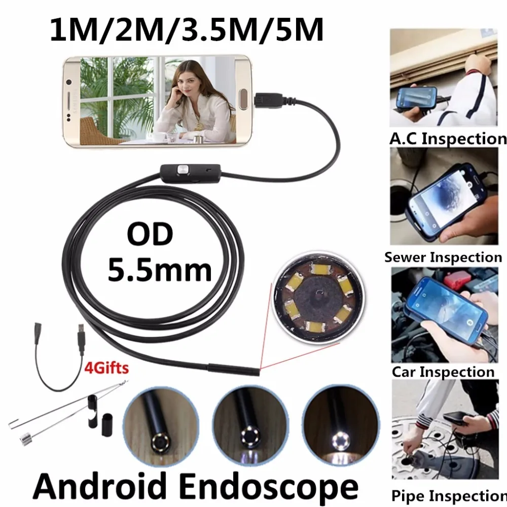 

Endoscope Android 5.5mm 6-LED Camera IP67 Waterproof Borescope Inspection Video Camera Inspection Borescope Camera 1M/2M/3.5M/5M