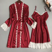 Сексуальный халат сезон: весна–лето 2 шт./компл. ночная рубашка с груди колодки проводов пижамы 3 цвета шелковый халат