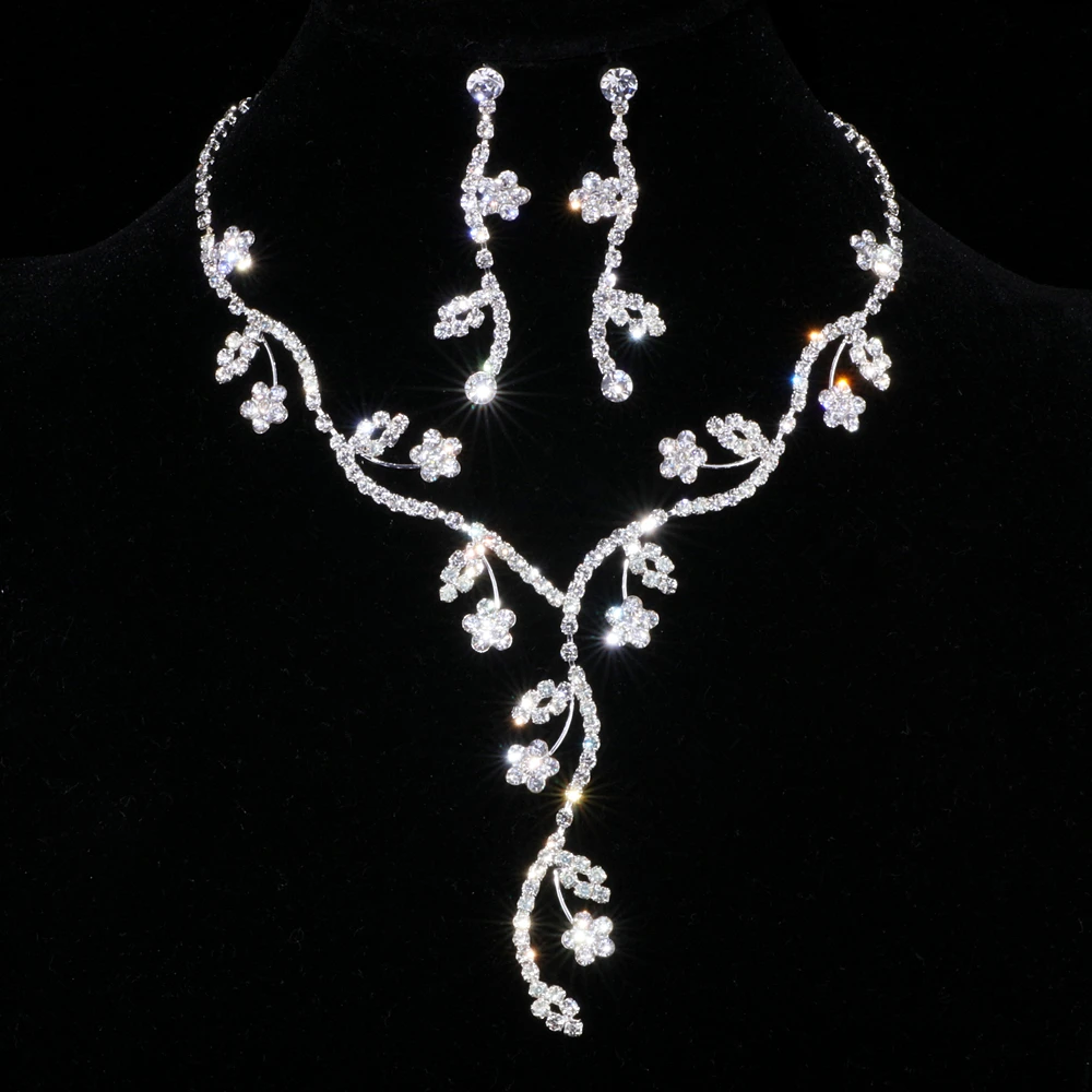 Элегантный свадебный ювелирный набор серебряного цвета сверкающий кристаллический горный хрусталь лист форма комплект из сережек и ожерелья свадебный ювелирный набор WX009