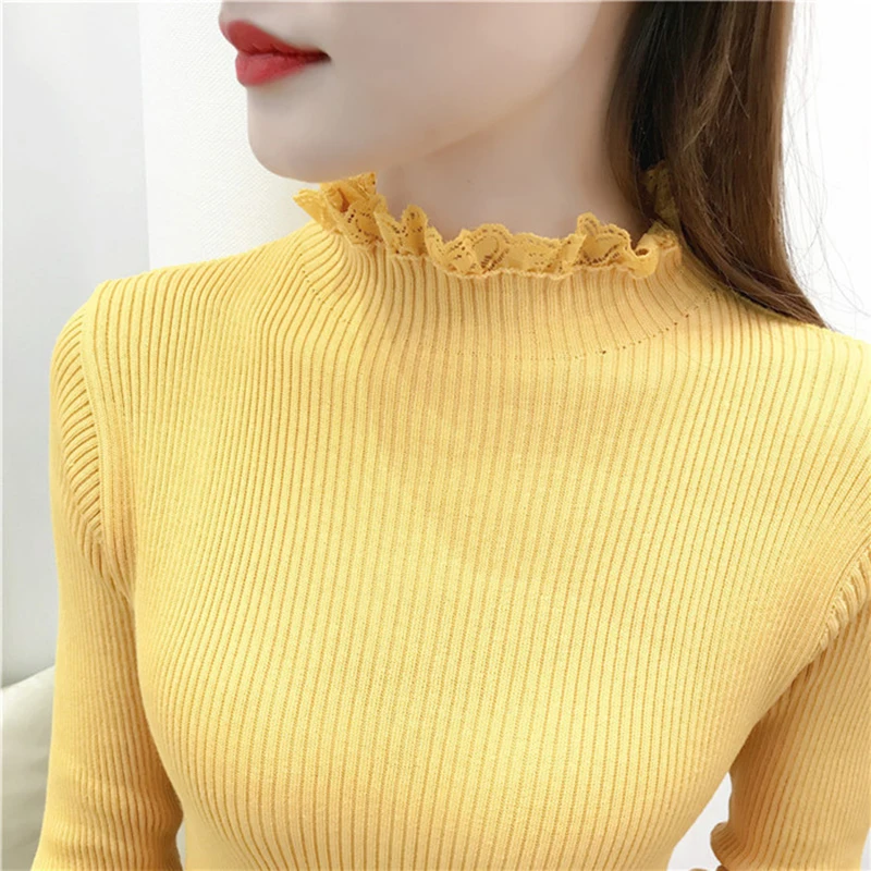 2018 High Elastic Knitted Sweater Women Fall Winter Lace Patchwork Long Sleeve Women Sweaters And Pullovers Female Pull Femme