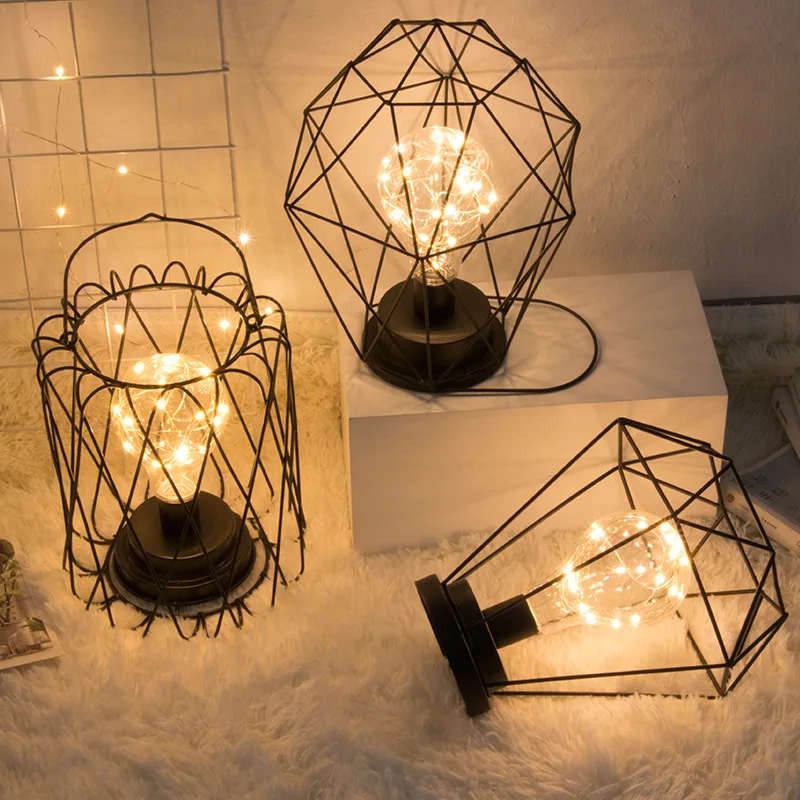 LED Creative Geometric Small Night Light Iron Copper Wire edrooom Dormitory Beside Lamp Home Decoration Table Luminary | Лампы и