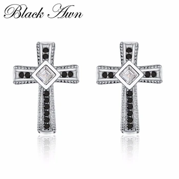 

[BLACK AWN] 925 Sterling Silver Earrings Black Spinel Engagement Stud Earrings for Women Cross Silver 925 Jewelry T106