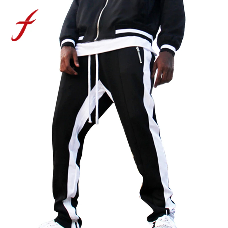 

New Fashion Pants Fake Zippers Men Striped Printed Pocket Casual Pocket Work Casual Trouser Pants Autumn Side Stripe Trouser